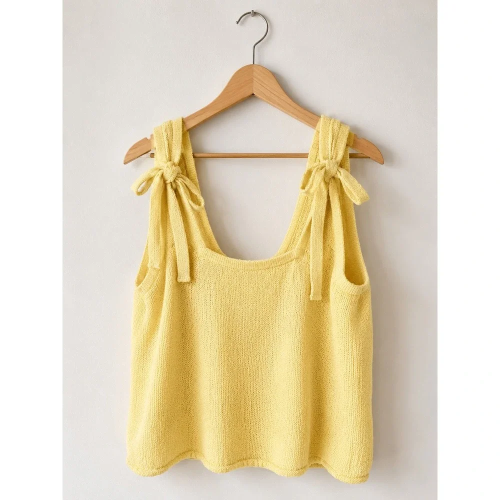 Free People FP Beach Sweater Tank Womens Small Yellow Cotton Tie Shoulder Boho